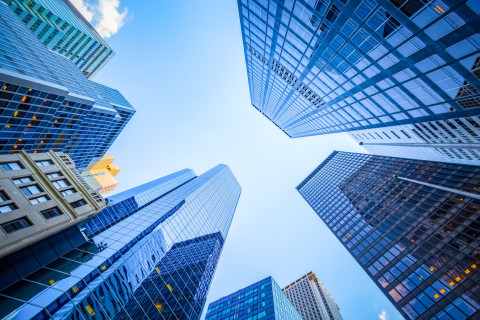 Blue buildings looking up