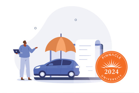 illustration of car protected by umbrella to depict car insurance with pinnacle university logo in bottom right corner.